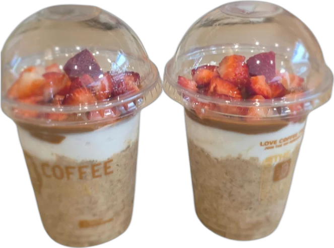 Biscoff Overnight Weetbix: two cups of Weet-Bix, coconut yoghurt and Biscoff spread topped with fresh strawberries